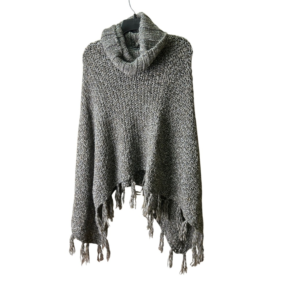 Lineamaglia Italy Knit Cowl Neck Fringe Poncho Cape Cover Up One Size Wool Blend